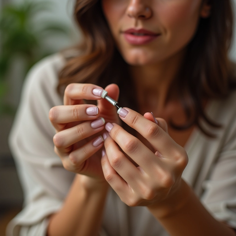 Mulher aplicando camada fina de esmalte para secagem rápida e uniforme.