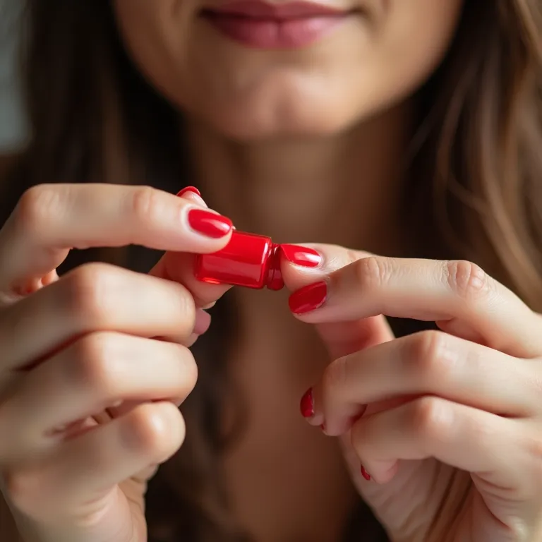 Mulher aplicando camada fina de esmalte vermelho.