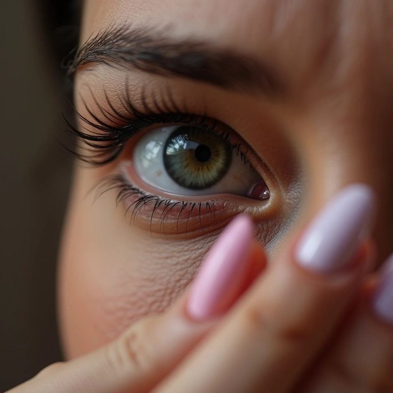 Mulher aplicando cílios postiços com esmalte, close-up.