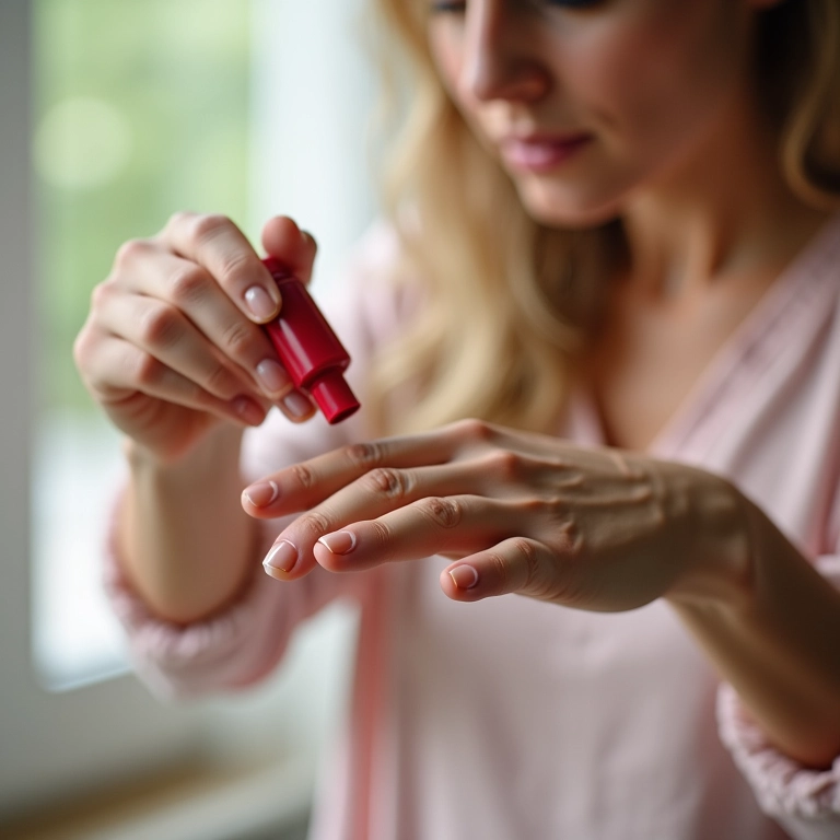Mulher aplicando esmalte fortalecedor, unhas saudáveis.