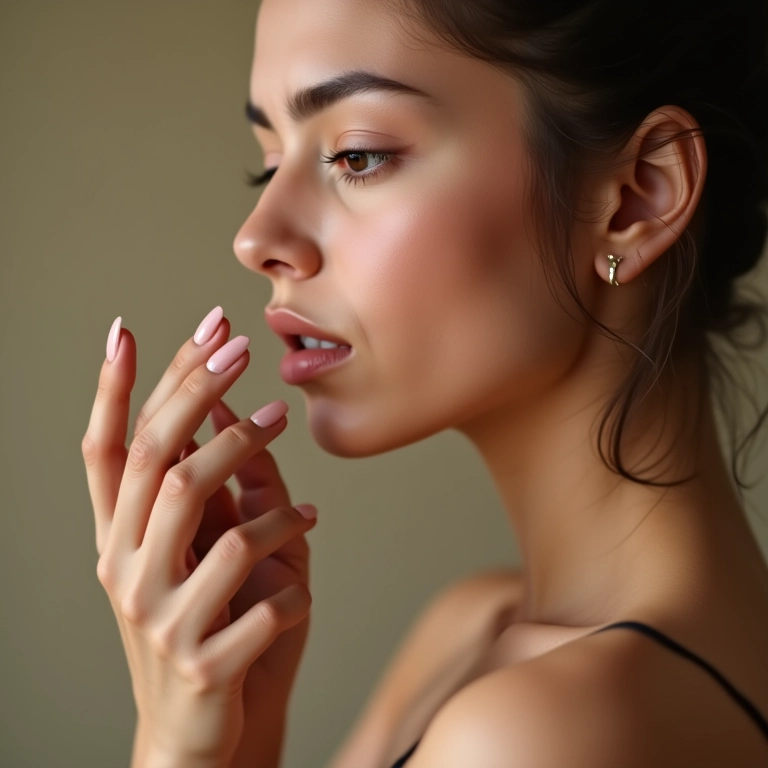 Mulher aplicando esmalte nude, considerando o tom da pele.