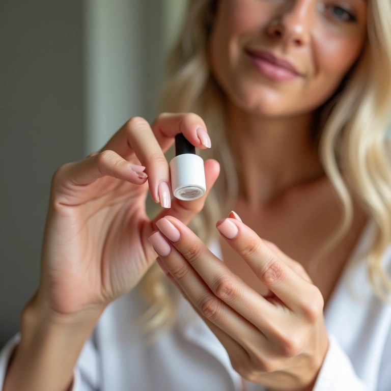 Mulher aplicando esmalte que trata as unhas, foco em unhas saudáveis sob luz natural.