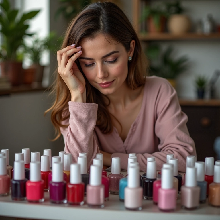 Mulher avaliando sua coleção de esmaltes.