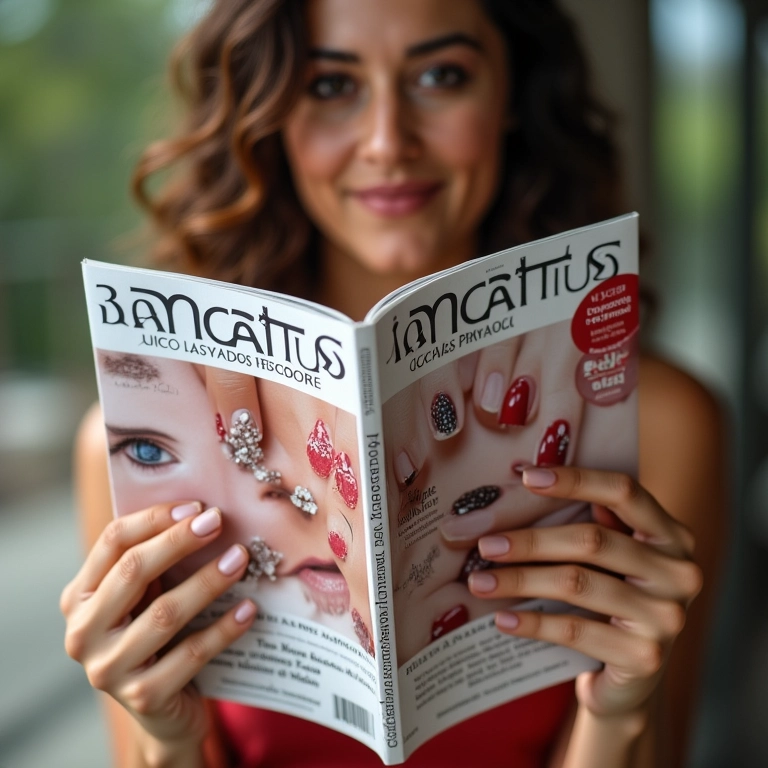 Mulher brasileira folheando revista importada de unhas decoradas, tendências internacionais.