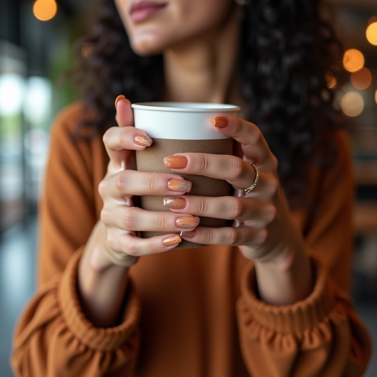 Mulher com unhas de gel perfeitas tomando café.