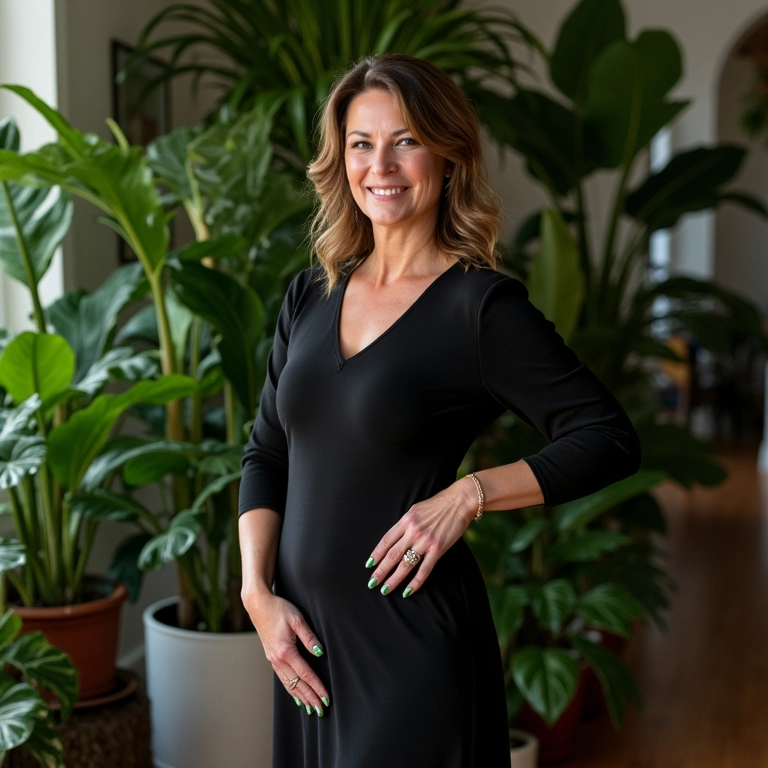 Mulher com vestido preto e esmalte verde posando perto de plantas tropicais.