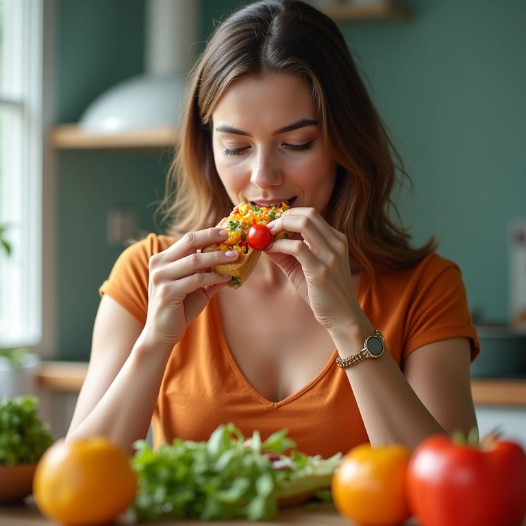 Mulher comendo uma refeição colorida e saudável.