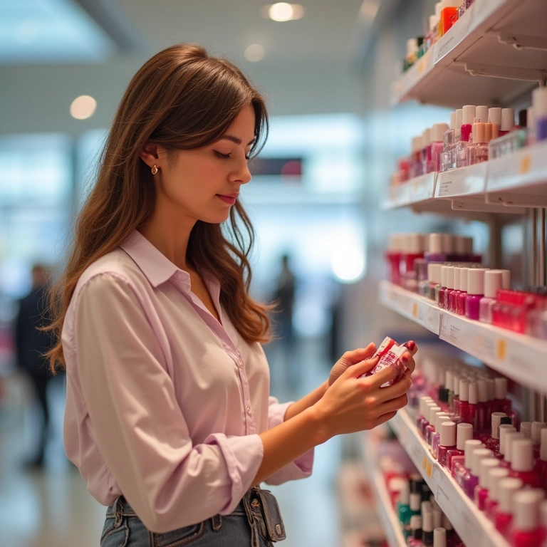 Mulher comprando esmaltes Essie em duty-free durante viagem internacional.