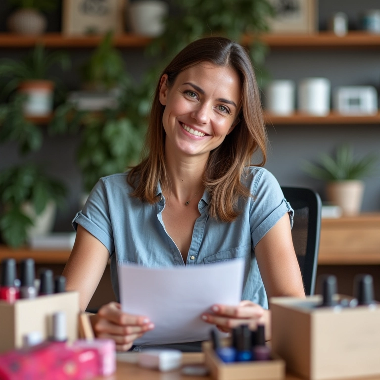 Mulher conferindo estoque de esmaltes de distribuidores de cosméticos.