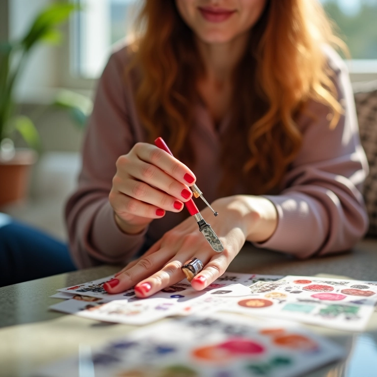 Mulher decorando as unhas em casa com adesivos.