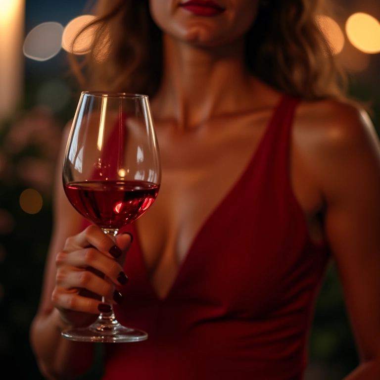Mulher elegante com unhas vermelhas segurando taça de vinho em festa.