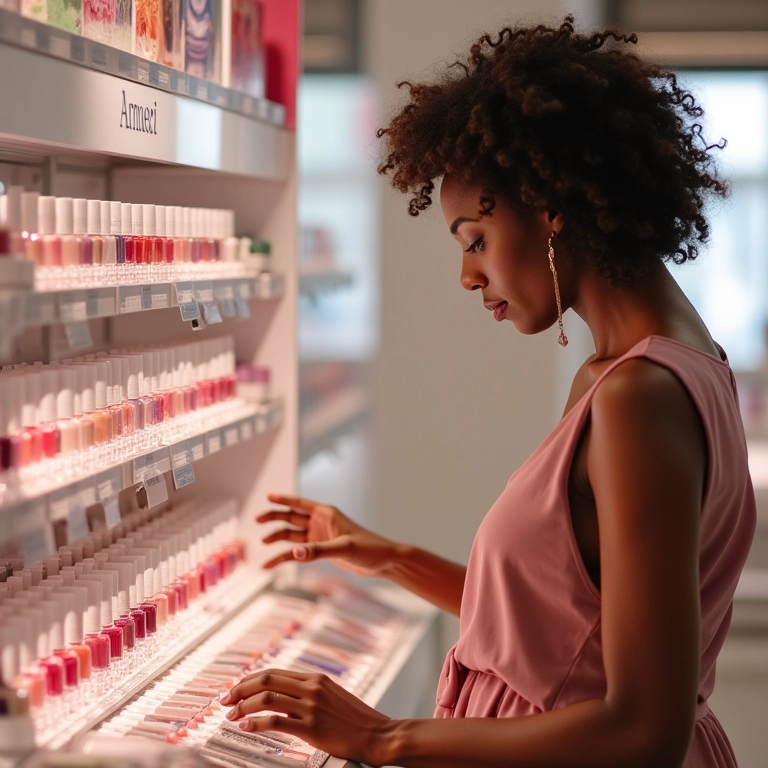 Mulher elegante escolhendo esmaltes Essie em perfumaria física.