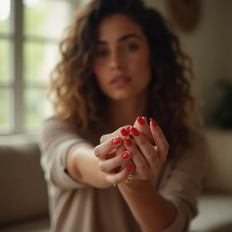 Mulher em sala aconchegante com esmalte vermelho.