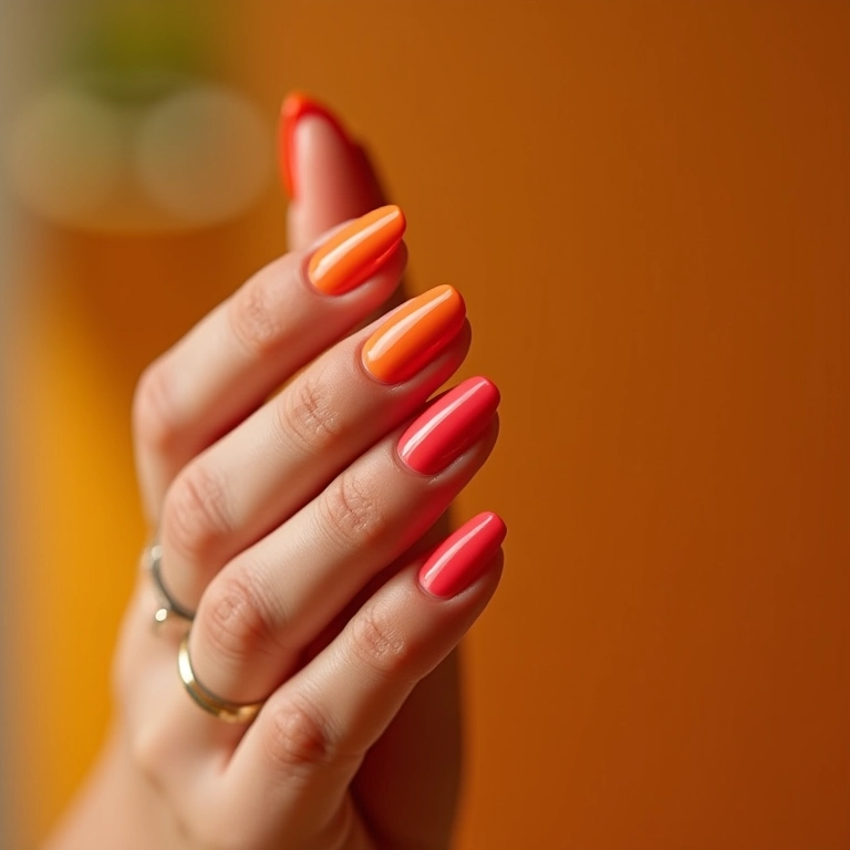 Mulher escolhendo cores de esmalte para unhas com tema de pôr do sol.
