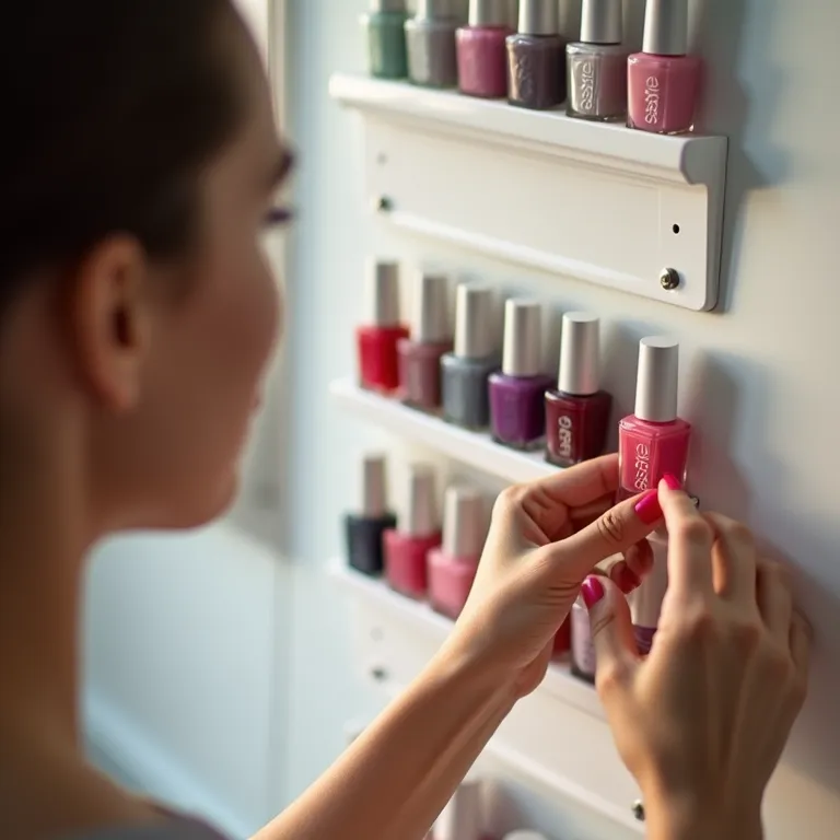 Mulher escolhendo esmalte em porta esmalte de parede.