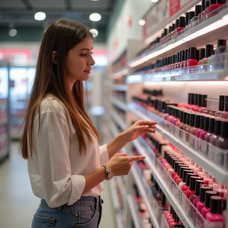 Mulher escolhendo esmaltes em uma drogaria moderna, mostrando onde encontrar os lançamentos.