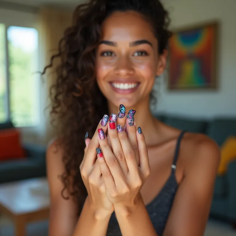 Mulher jovem admirando suas unhas de gel com borboletas.