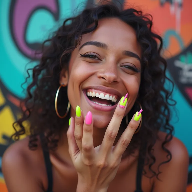 Mulher jovem sorrindo com unhas neon Mandrake em frente a um grafite.
