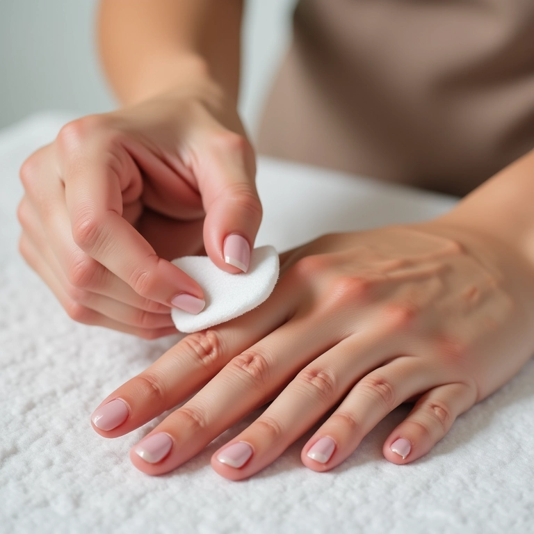 Mulher limpando as unhas com removedor de esmalte e algodão.