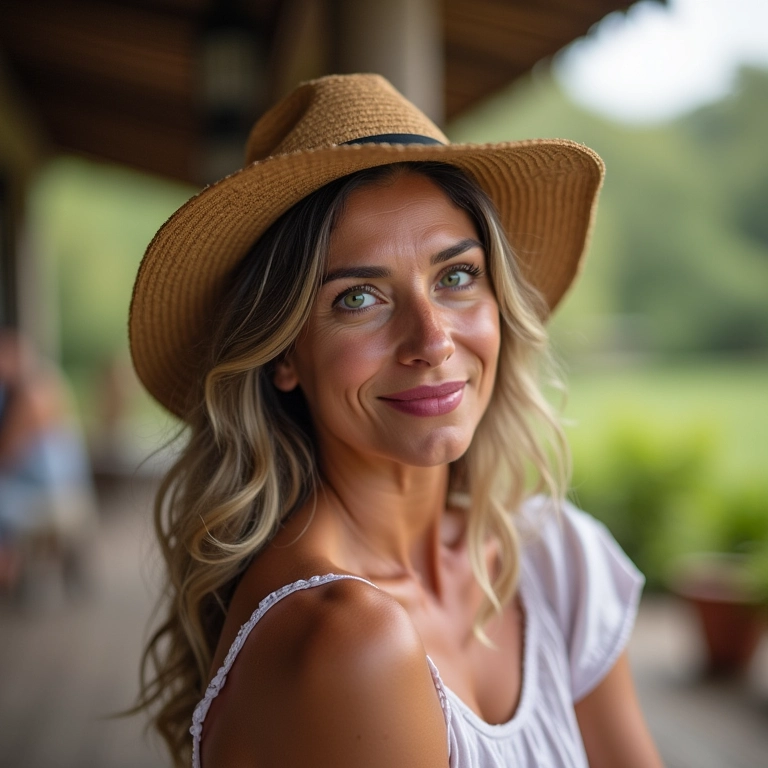 Mulher madura morena com esmalte rosa claro relaxando em varanda estilo Farm Rio.