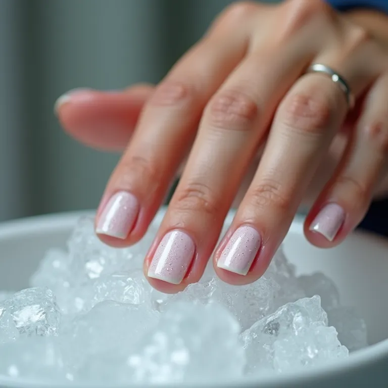 Mulher mergulhando as unhas em água fria com gelo para secar o esmalte.