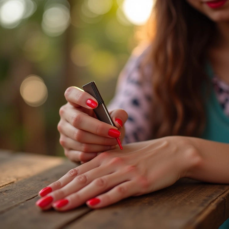 Mulher pintando as unhas com esmalte colorido em ambiente aconchegante.