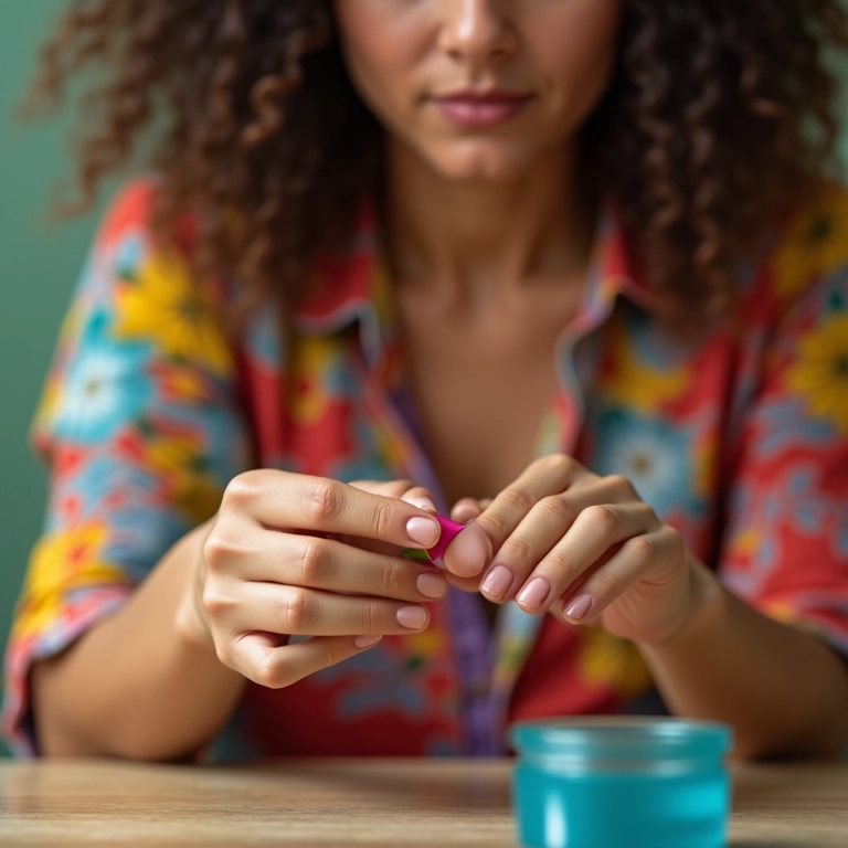 Mulher pintando as unhas com foco na secagem rápida.