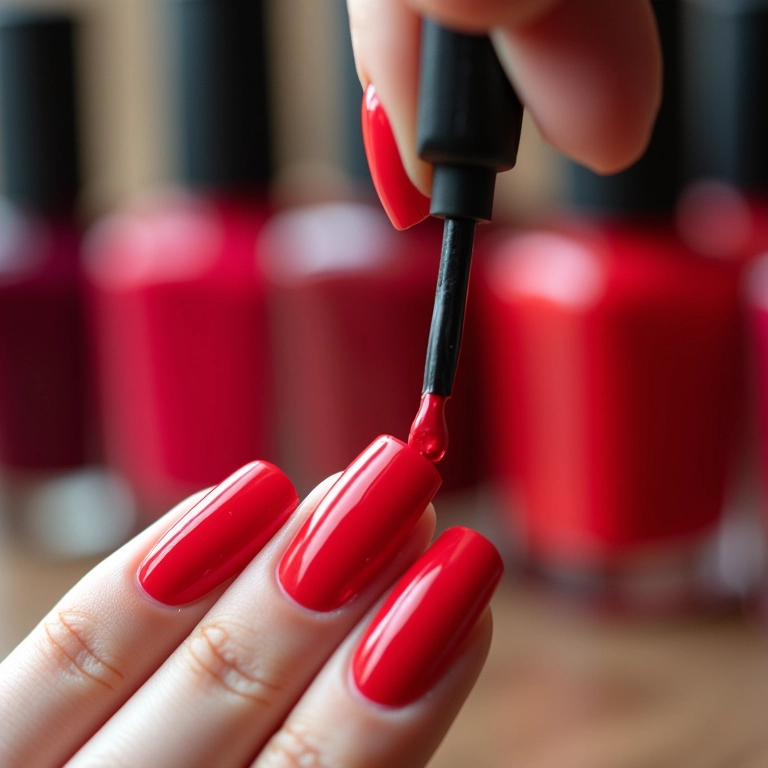 Mulher pintando as unhas de vermelho com coleção de esmaltes coloridos ao fundo.