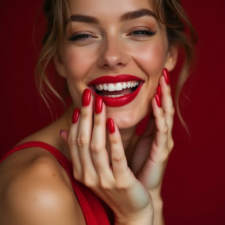 Mulher pintando as unhas de vermelho, expressando paixão.