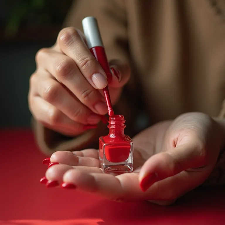 Mulher pintando as unhas de vermelho.