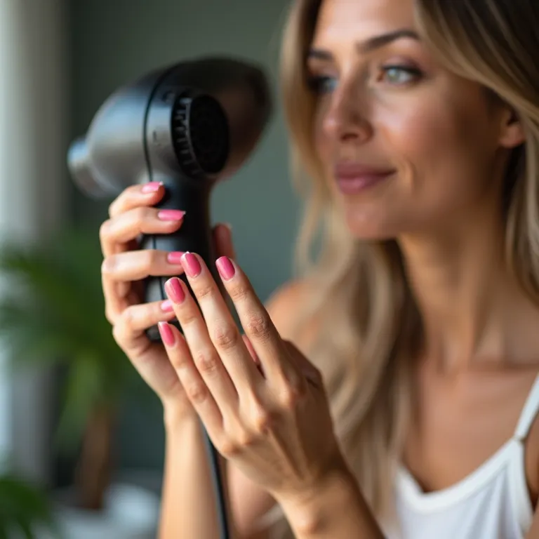 Mulher secando as unhas com jato de ar frio do secador.