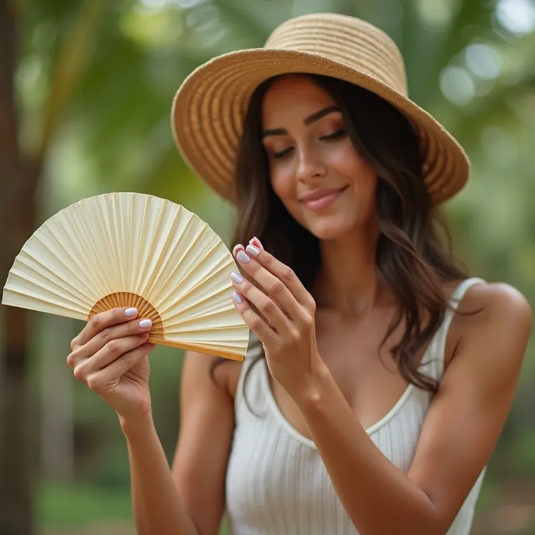 Mulher secando as unhas com um ventilador.