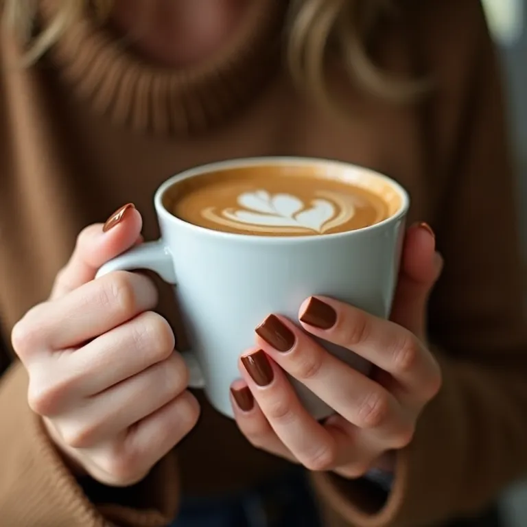 Mulher segurando xícara de café com esmalte marrom café.
