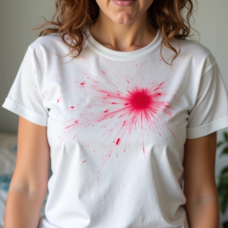 Mulher tentando remover mancha de esmalte de roupa branca.