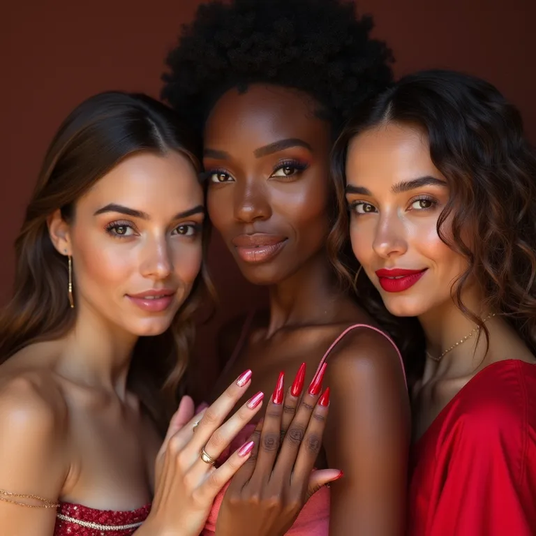 Mulheres diversas exibindo unhas vermelhas e douradas.
