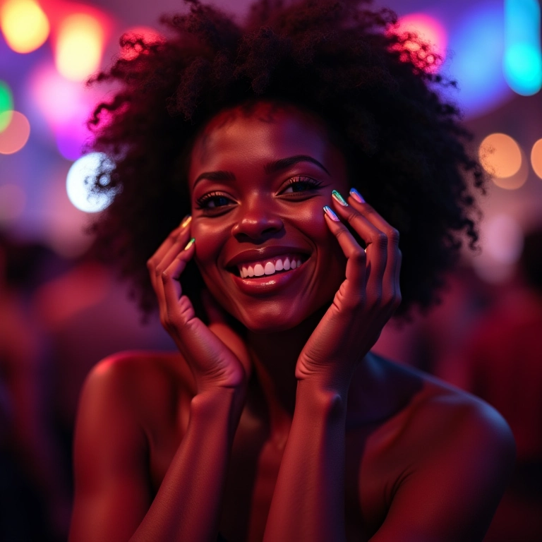 Nail art com cores vibrantes e neon para o Carnaval, mulher negra sorrindo.