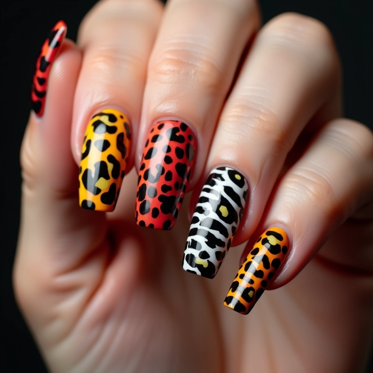 Nail art com estampa animal ousada em unhas longas.