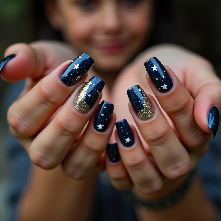 Nail art com estrelas brilhantes.