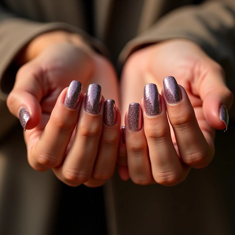 Nail art com glitter em mãos estilosas brilhando sob a luz natural.