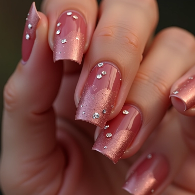 Nail art com pedrarias e brilho glamouroso.
