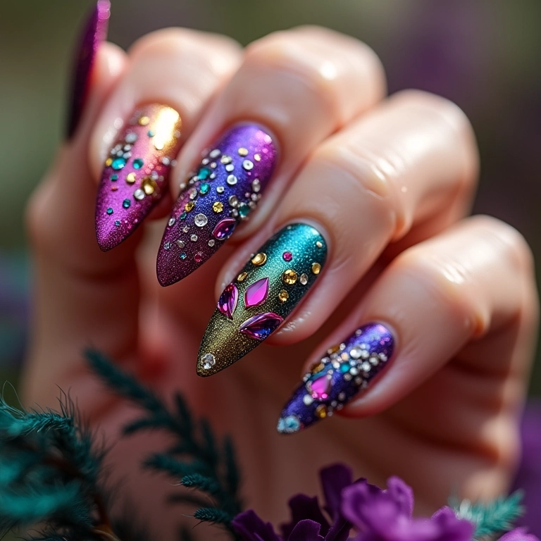Nail art com pedrarias e cristais para o Carnaval, close-up.