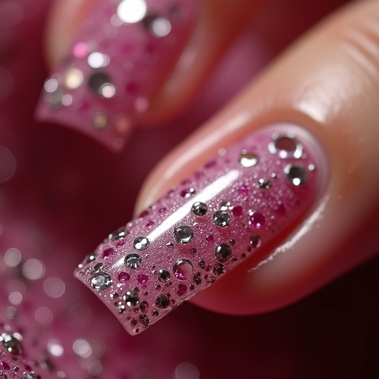 Nail art com pedrarias em unhas bem cuidadas brilhando sob as luzes do estúdio.