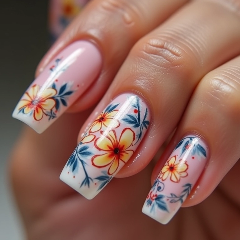 Nail art com películas em unhas delicadas com desenhos intrincados e cores vibrantes.