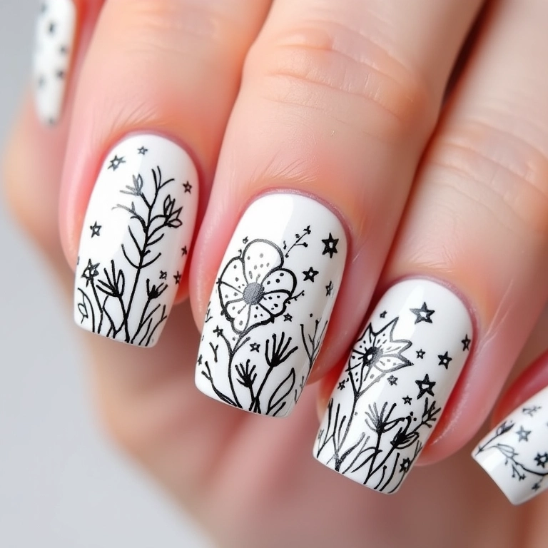 Nail art de jornal com desenhos minimalistas.