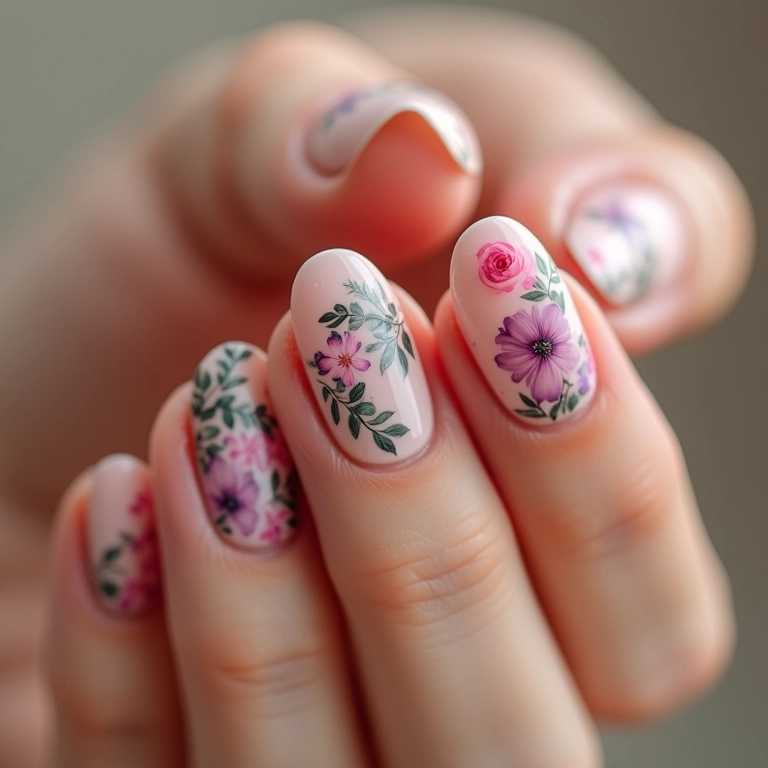 Nail art floral em mãos delicadas com desenhos de flores e cores pastel.