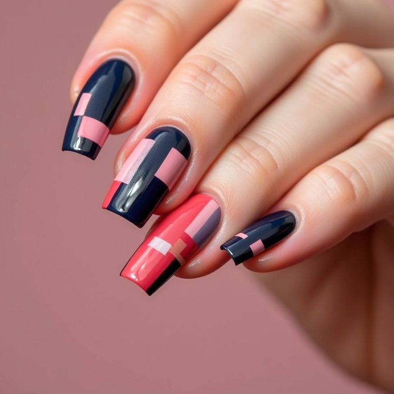 Nail art geométrica com cores contrastantes.