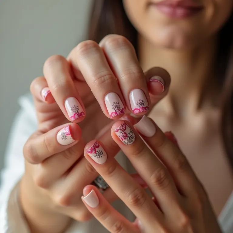 Nail art geométrica com linhas retas e cores fortes.