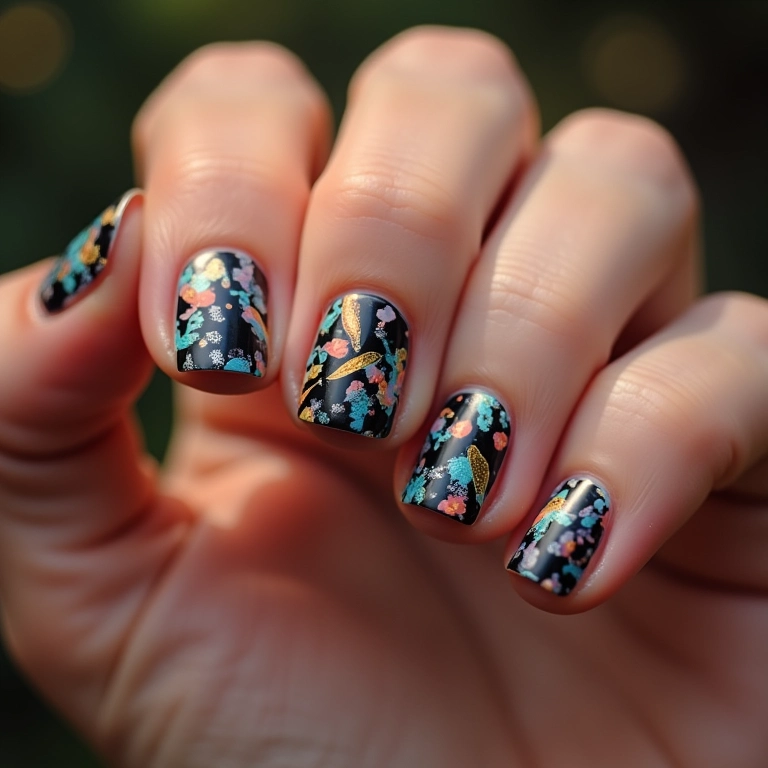 Nail art geométrica com padrões ousados e cores contrastantes.