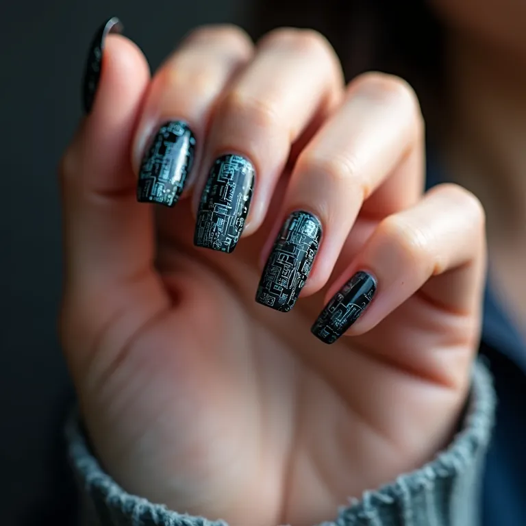 Nail art inspirada em tecnologia: padrões de circuitos e designs futuristas.