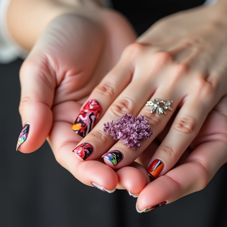 Nail art marmorizada em mãos elegantes com padrões em espiral e cores vibrantes.